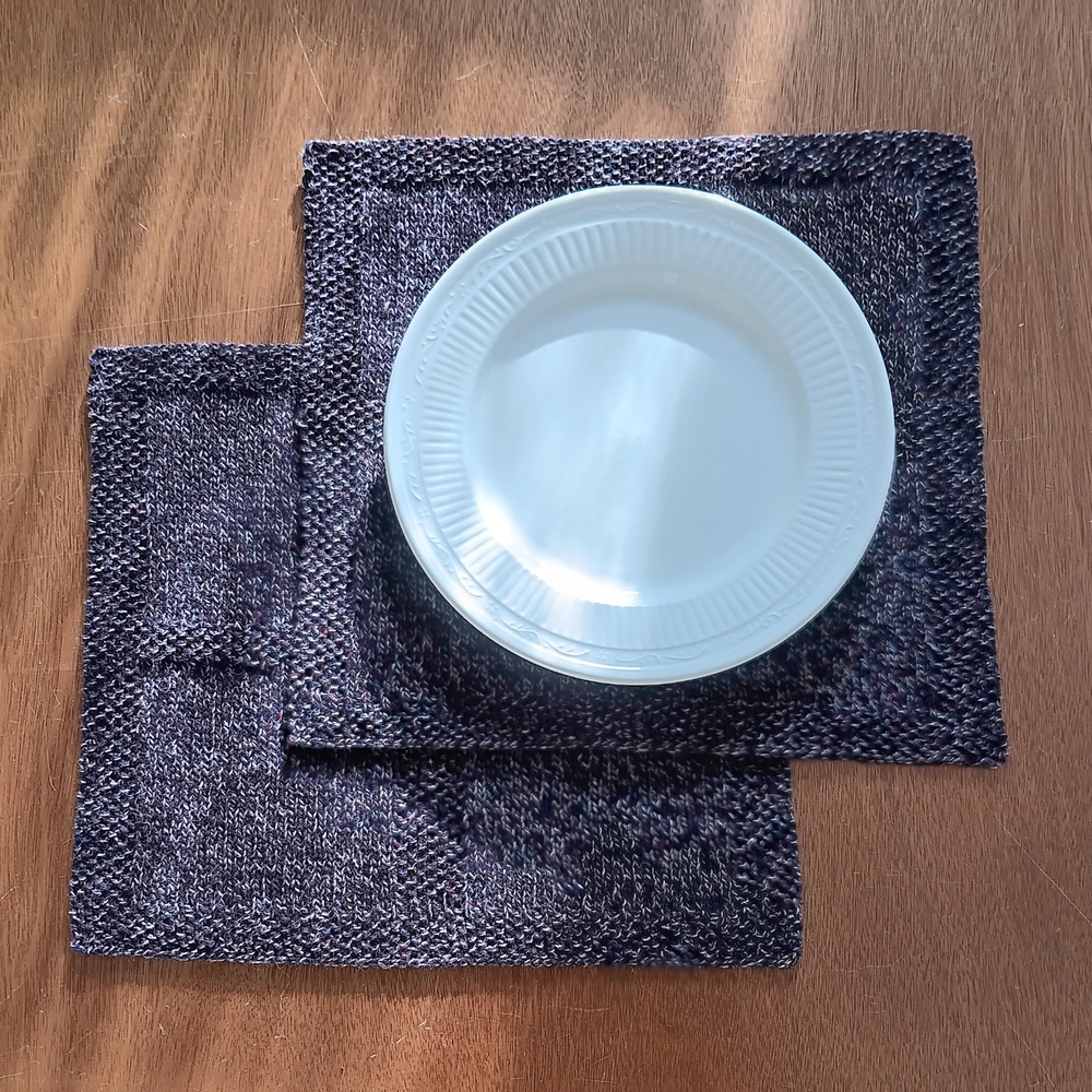 Set of 2 Handmade Handknit Marled Navy Blue Maroon Tan Windowpane Placemats